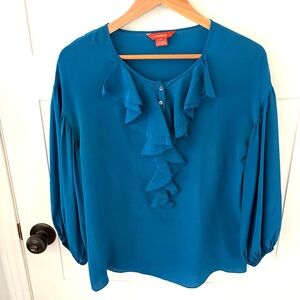 Sundance Silk Teal Ruffle-Front Puff Sleeve Blouse. Size Small.